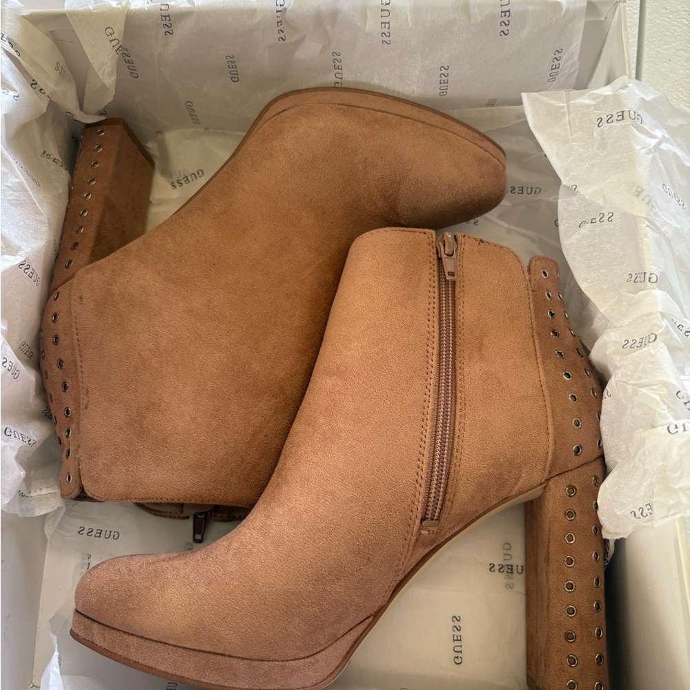 Guess Beverly - Tan Heeled Boots with Rivet Detail on 4 Inch Heel.